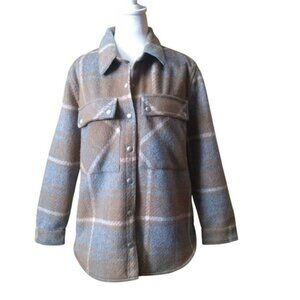 BLANK NYC Women’s Medium Plaid Wool Blend Snap Front Shacket Jacket Pockets